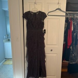 Adrianna Papell Black Lace Bodice Maxi Dress with Ruffle Skirt